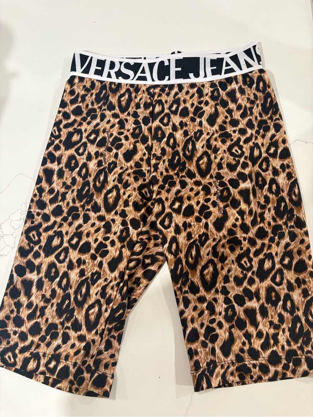 Versace Leopard Print Athletic Shorts with Logo Waistband